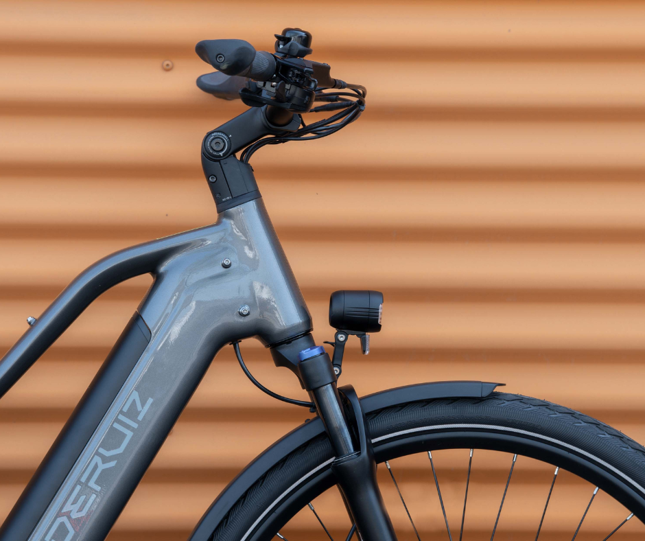 Front view of the Deruiz Mica electric bicycle showing the handlebar setup and headlight.