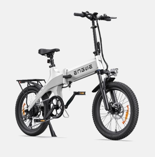 Side profile of a white Engwe C20 Pro electric bike with black details.
