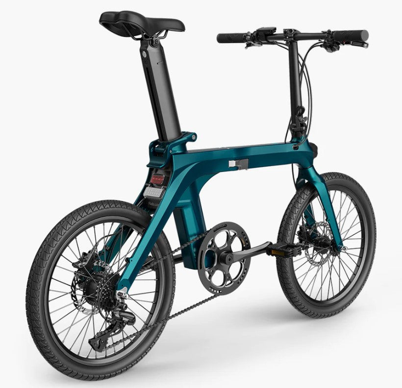 Rear view of the foldable Fiido X electric bike highlighting its efficient chain drive and gearing system.