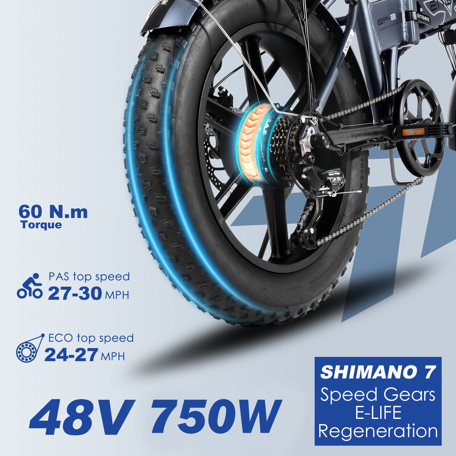 Engwe EP-2 Pro electric bike wheel showcasing the torque power and Shimano 7-speed gears for versatile cycling.