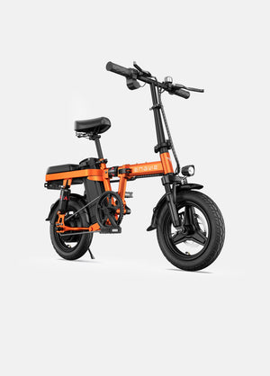 Vibrant orange Engwe T14 foldable electric bike showcased against a white background, emphasizing its bold color and compact frame.