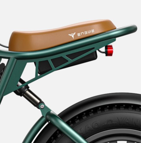 Rear perspective of the Engwe M20 ebike showing the taillight and saddle, designed for rider comfort.