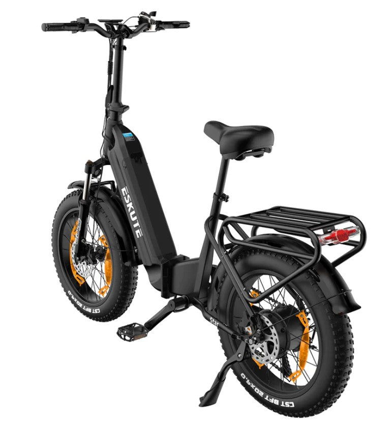 Eskute Star black electric foldable bicycle with thick off-road tires for rugged terrain.