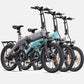 Row of Engwe C20 Pro electric bikes in gray, teal, and white colors.