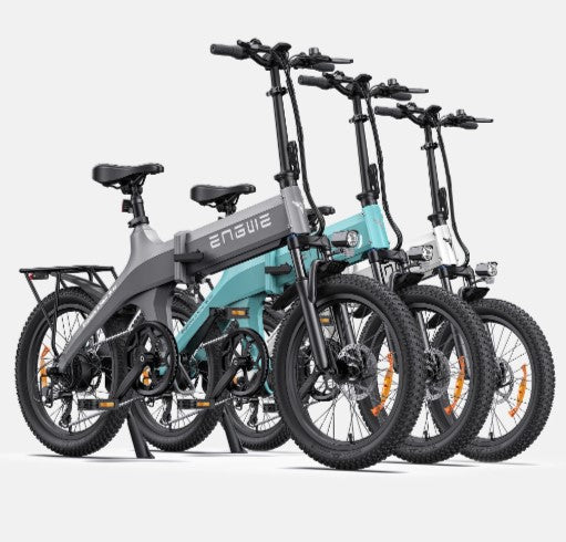 Row of Engwe C20 Pro electric bikes in gray, teal, and white colors.