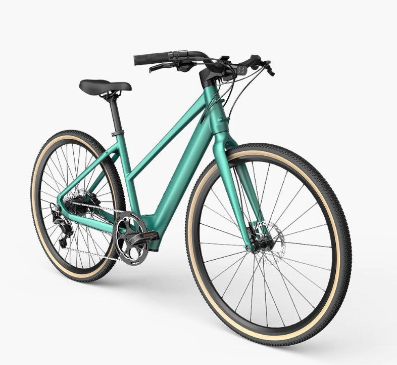 Fiido C22 electric bike in teal, side view with a focus on gear mechanics.