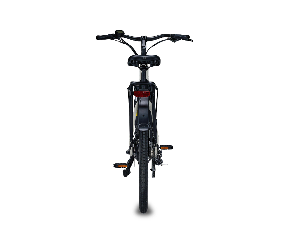 Rear view of Deruiz Quartz electric bicycle displaying its black carrier and tail light.