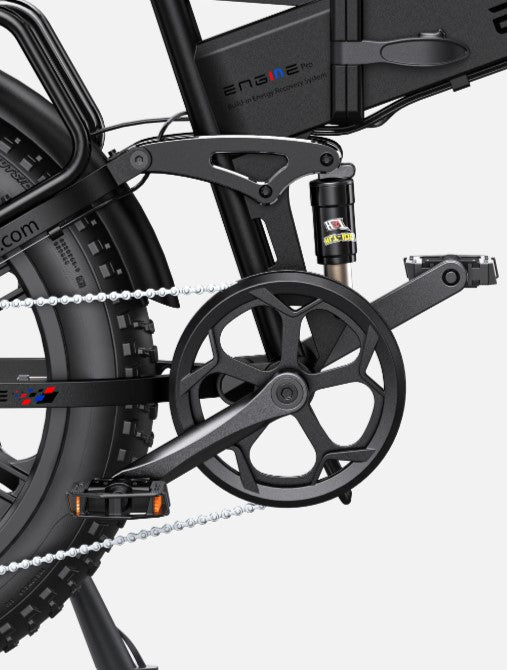 Detailed view of Engwe Engine Pro's mid-frame folding mechanism and battery.