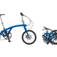 Vibrant blue Iruka S Ebike standing, with detailed view of gear system and chain.