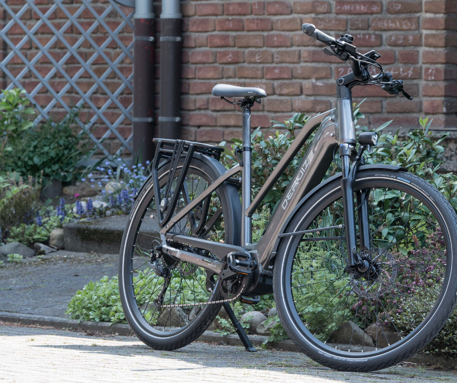 Deruiz Mica ebike parked outdoors, highlighting its urban design and sturdy build.