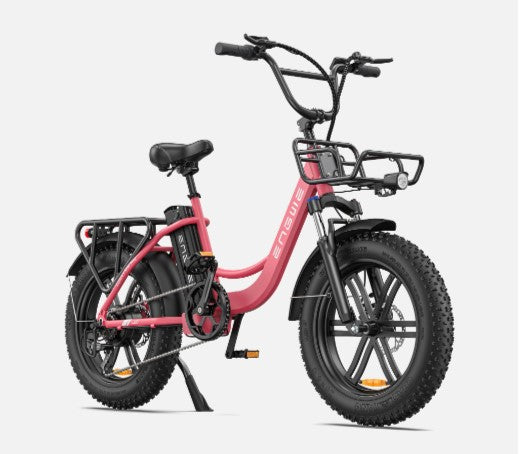 Full side profile of the Engwe L20 eBike in pink, highlighting its utility features.