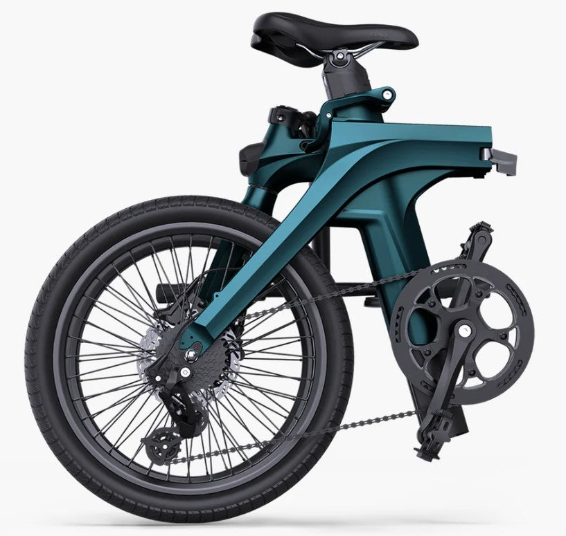 Fiido X electric bike folded compactly, emphasizing its convenience for storage and transportation.