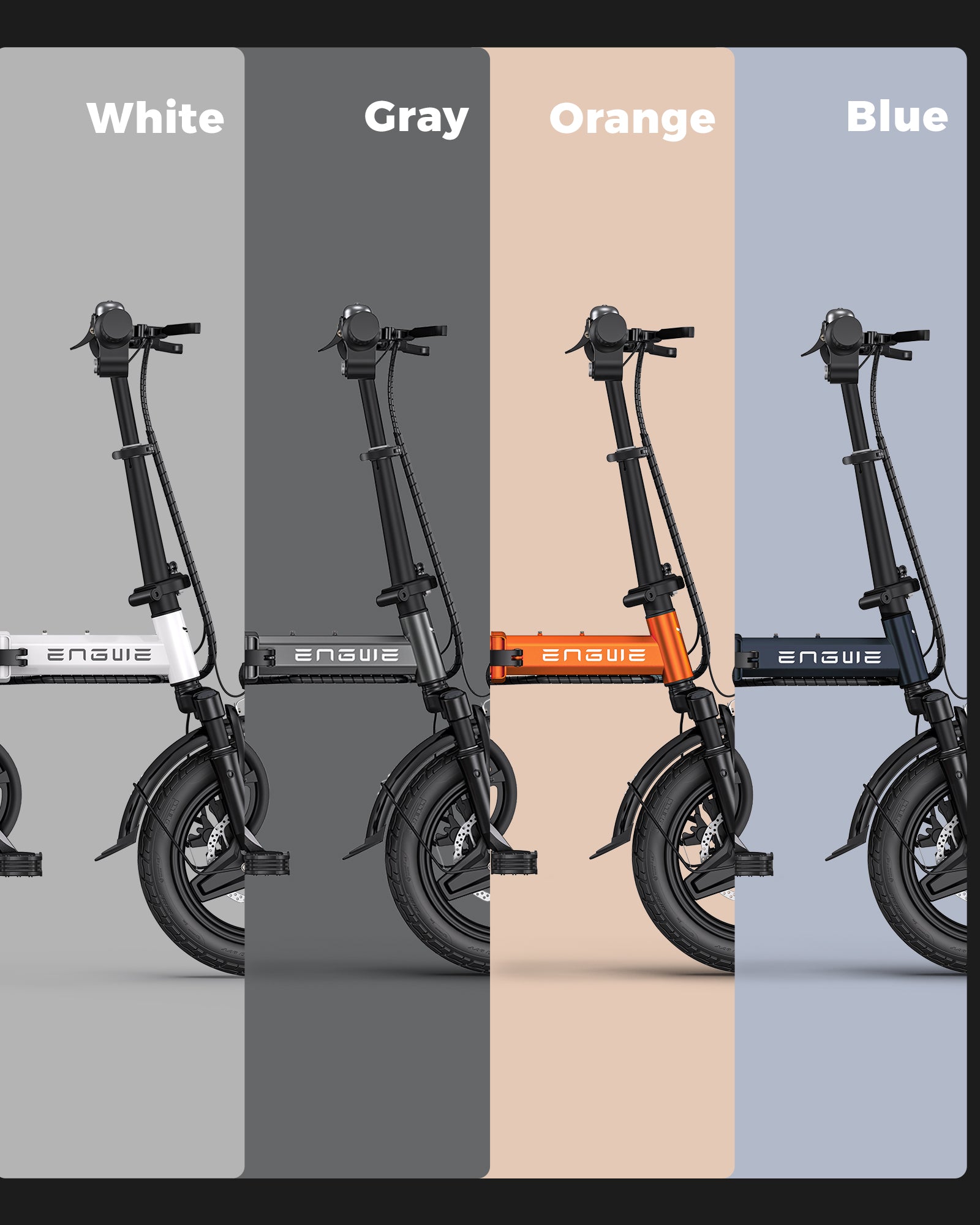 Engwe T14 electric bikes in four color options, displayed side by side, illustrating the variety of stylish choices available.