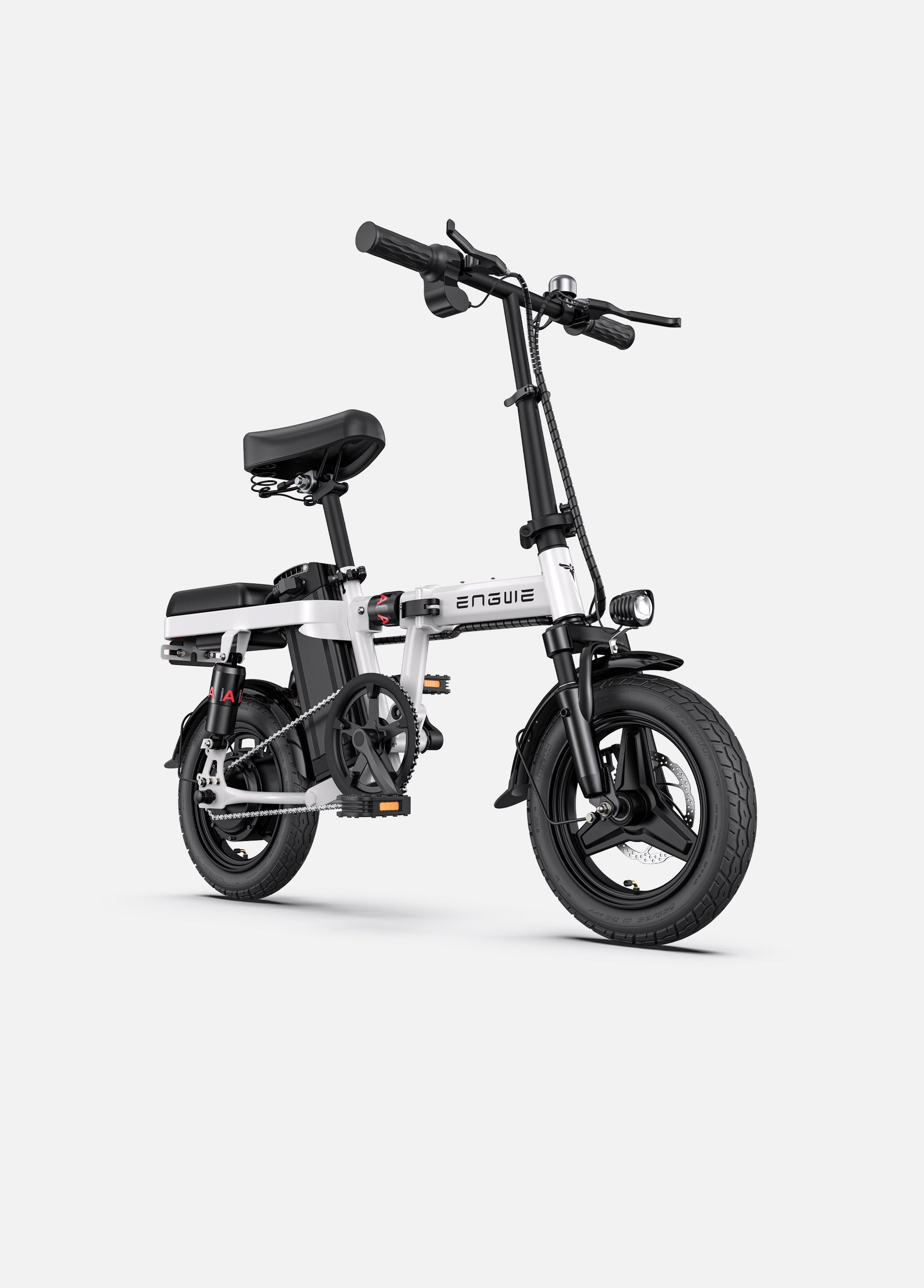 White Engwe T14 foldable electric bike showcased against a white background, emphasizing its bold color and compact frame.
