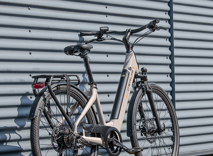 Deruiz Quartz e-bike leaning against a corrugated metal wall, emphaising urban style.
