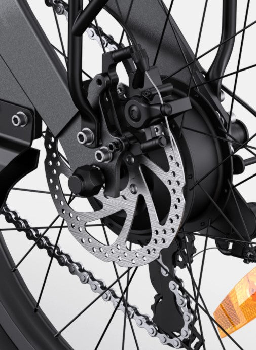 Close-up of the Engwe C20 Pro's rear disc brake and electric motor hub.