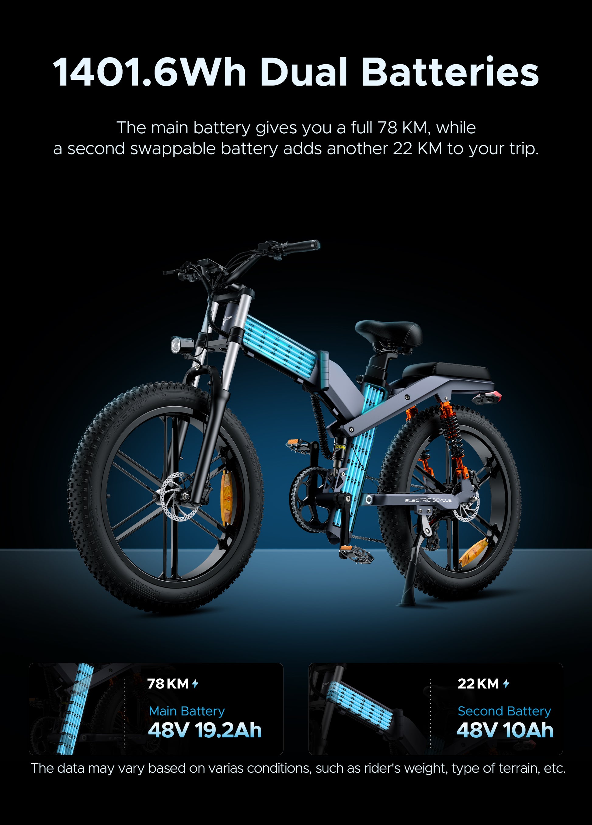 Engwe X26 electric bike display showing dual battery system for extended range and reliable performance.