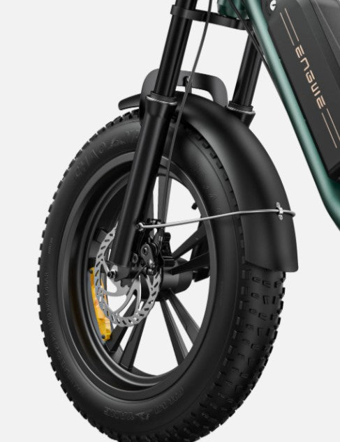 Detailed view of Engwe M20's front wheel with disc brake, showcasing its durable off-road capabilities.