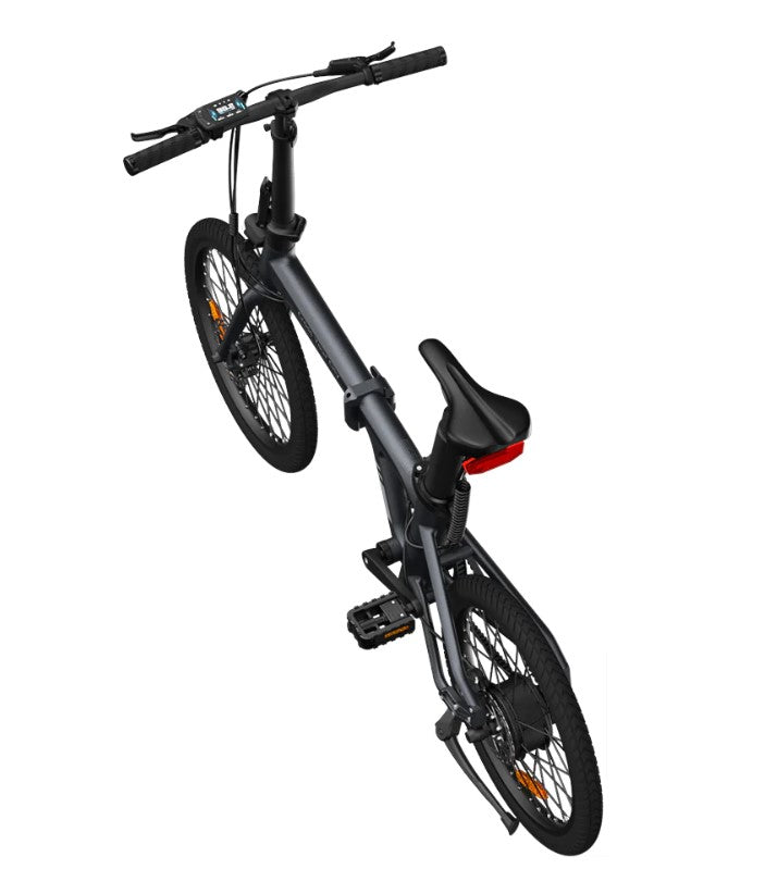 The stylish matte black Air 20 Foldable ebike with a visible suspension system. 