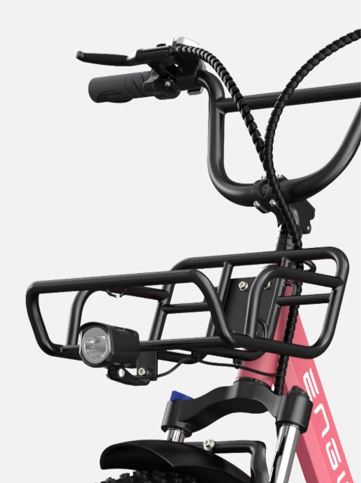 Detail shot of Engwe L20 eBike's handlebar and front basket in pink.