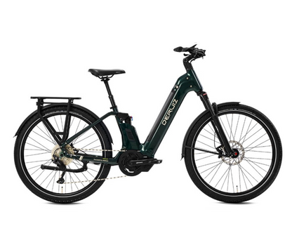 Elegant Lapis ebike displayed in full profile with a dark green frame, highlighting its sleek design and electric capabilities.