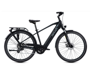 Sleek black Deruiz Marble ebike showcased with its electric assist motor and modern frame design, ideal for eco-friendly commuting.