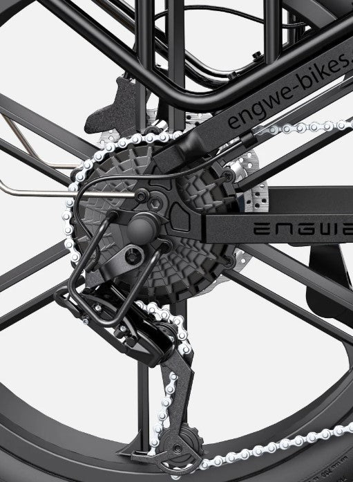 Close-up of the Engwe Engine Pro's rear hub motor and gear cassette.