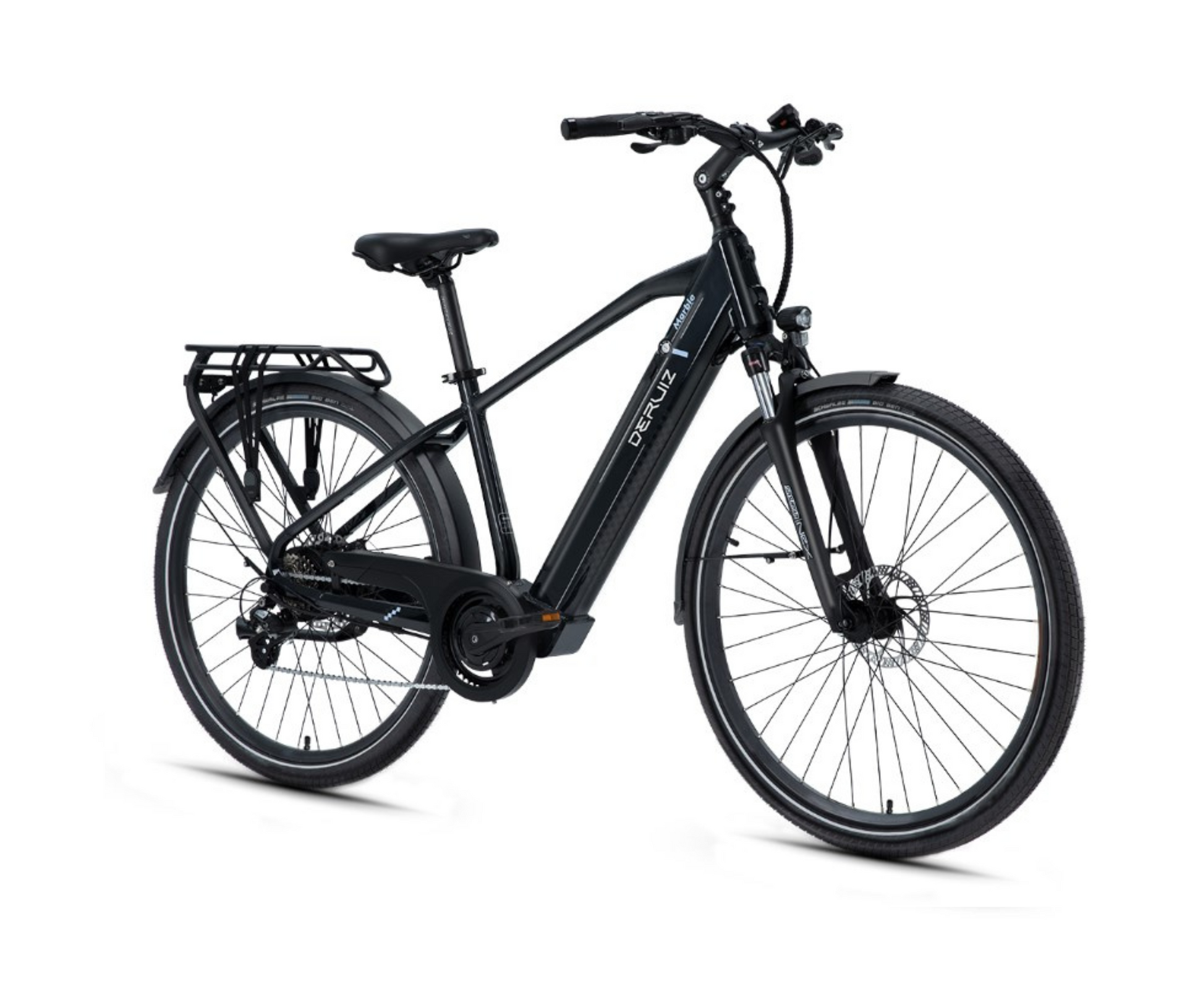 Angled view of the Deruiz Marble electric bicycle displaying its robust tires and rear cargo rack, perfect for urban cyclists.