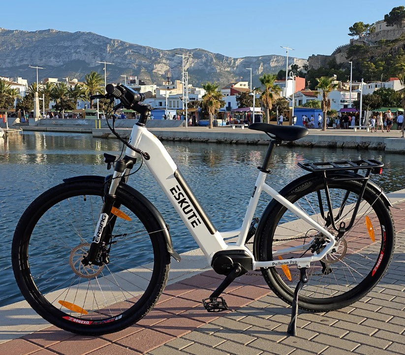 Eskute Polluno Pro electric bike parked by a seaside promenade with mountains in the background.