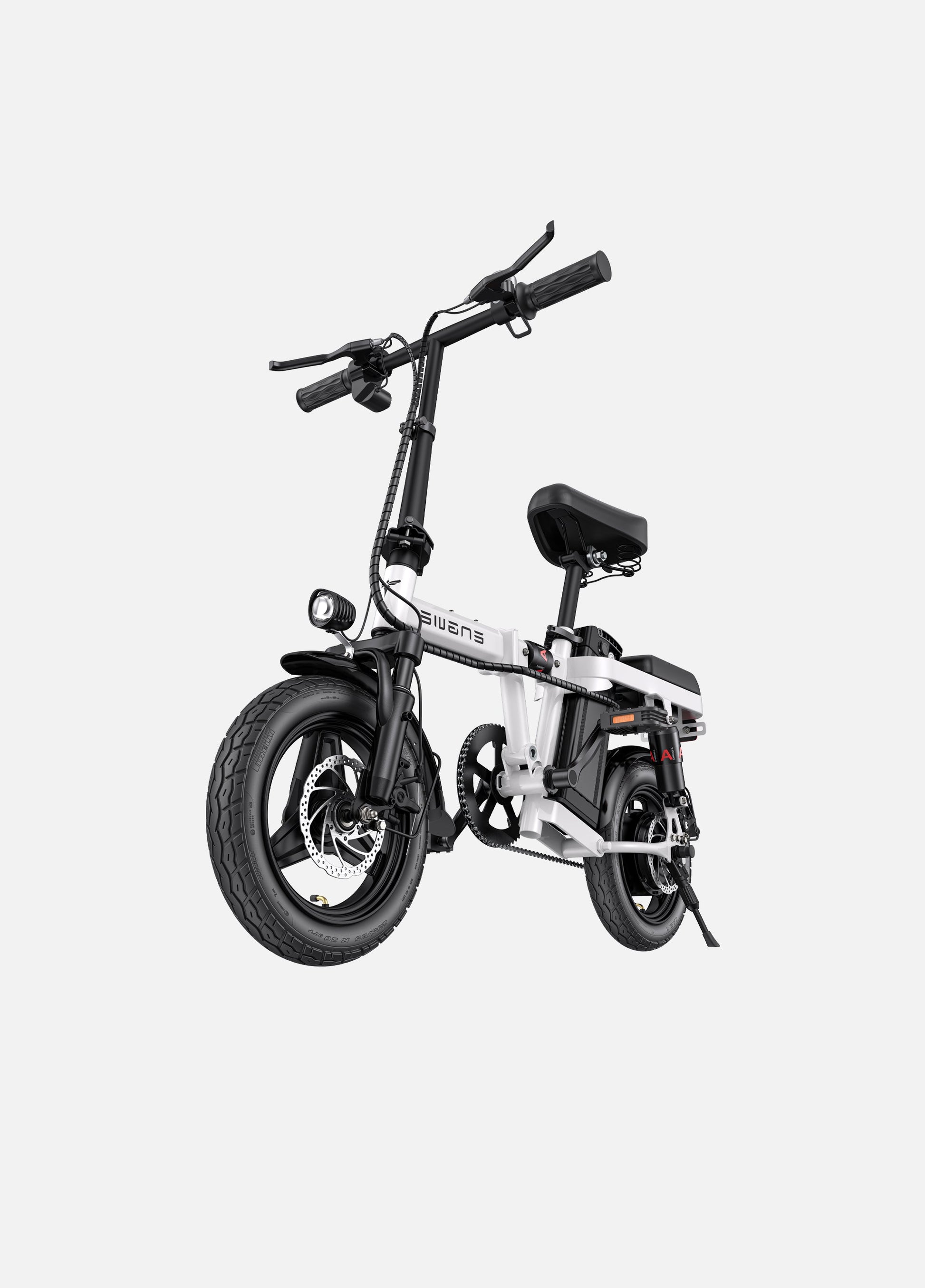 Compact white Engwe T14 folding electric bike displayed in an upright position, showcasing its modern and portable design.