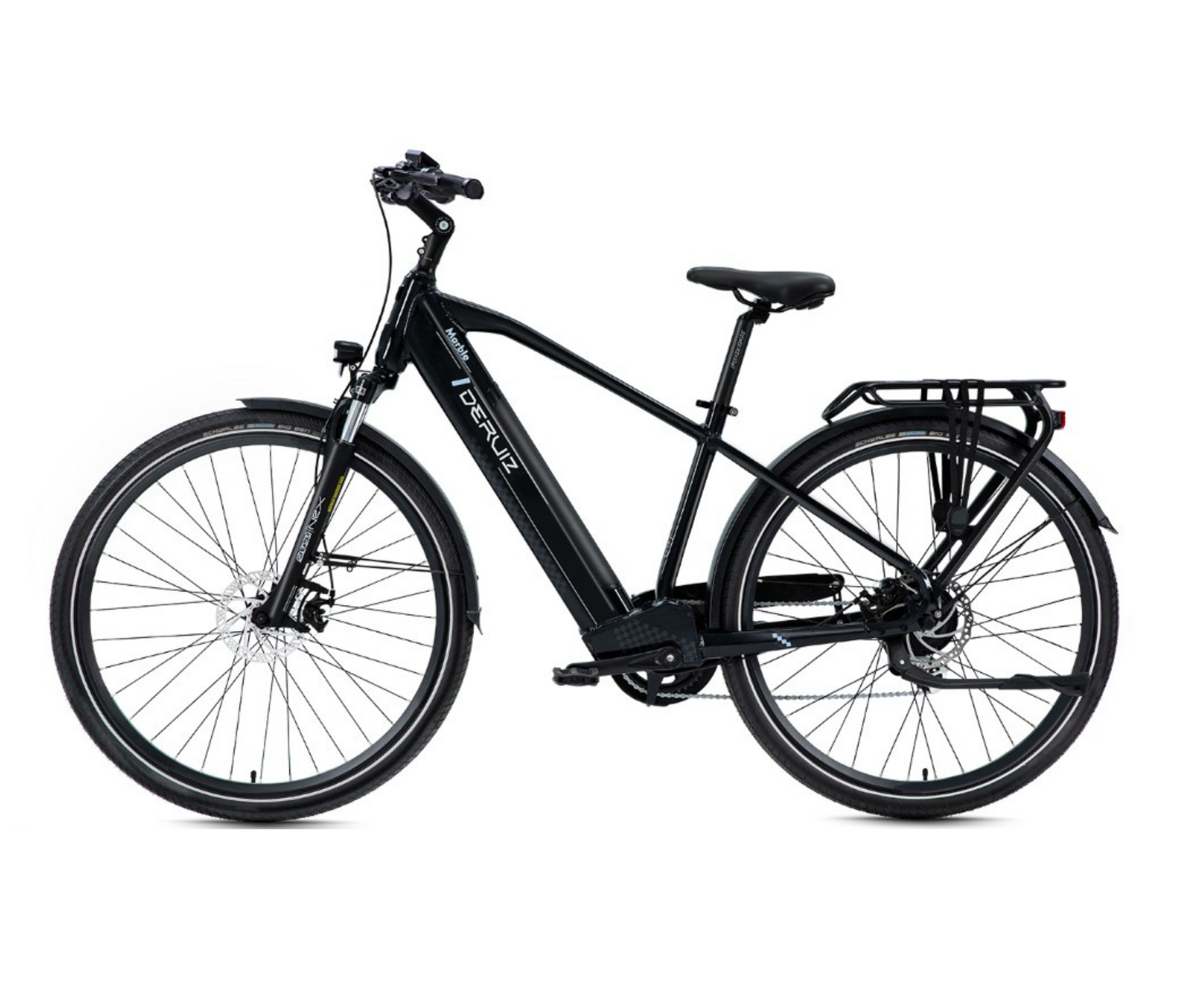 Full profile of the Deruiz Marble e-bike highlighting its pedal-assist system and elegant black finish for sustainable travel.