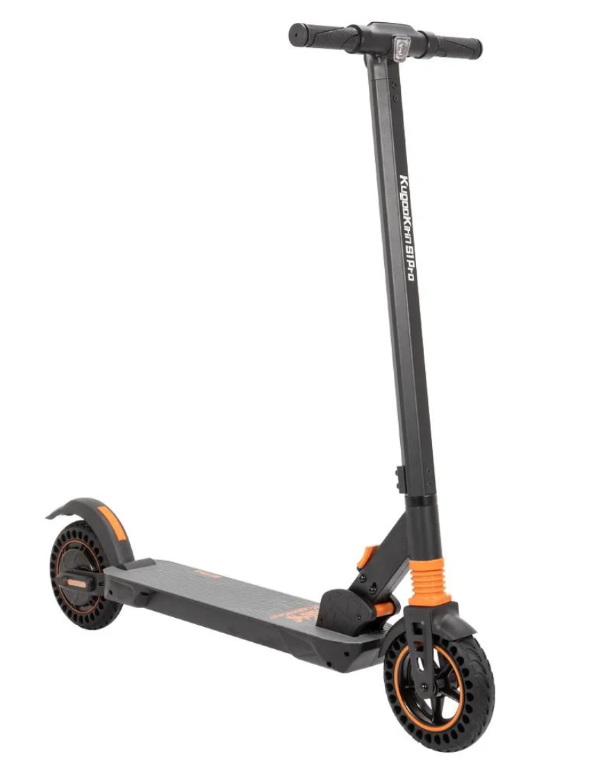 Full side view of the Kirin S1 Pro electric scooter in upright position with orange accents.