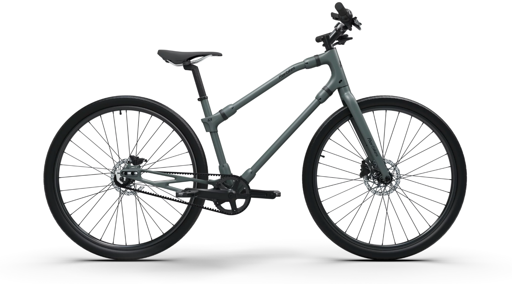 Contemporary gray Ref Essential bike profile view, featuring its elegant frame and efficient design for the modern rider.