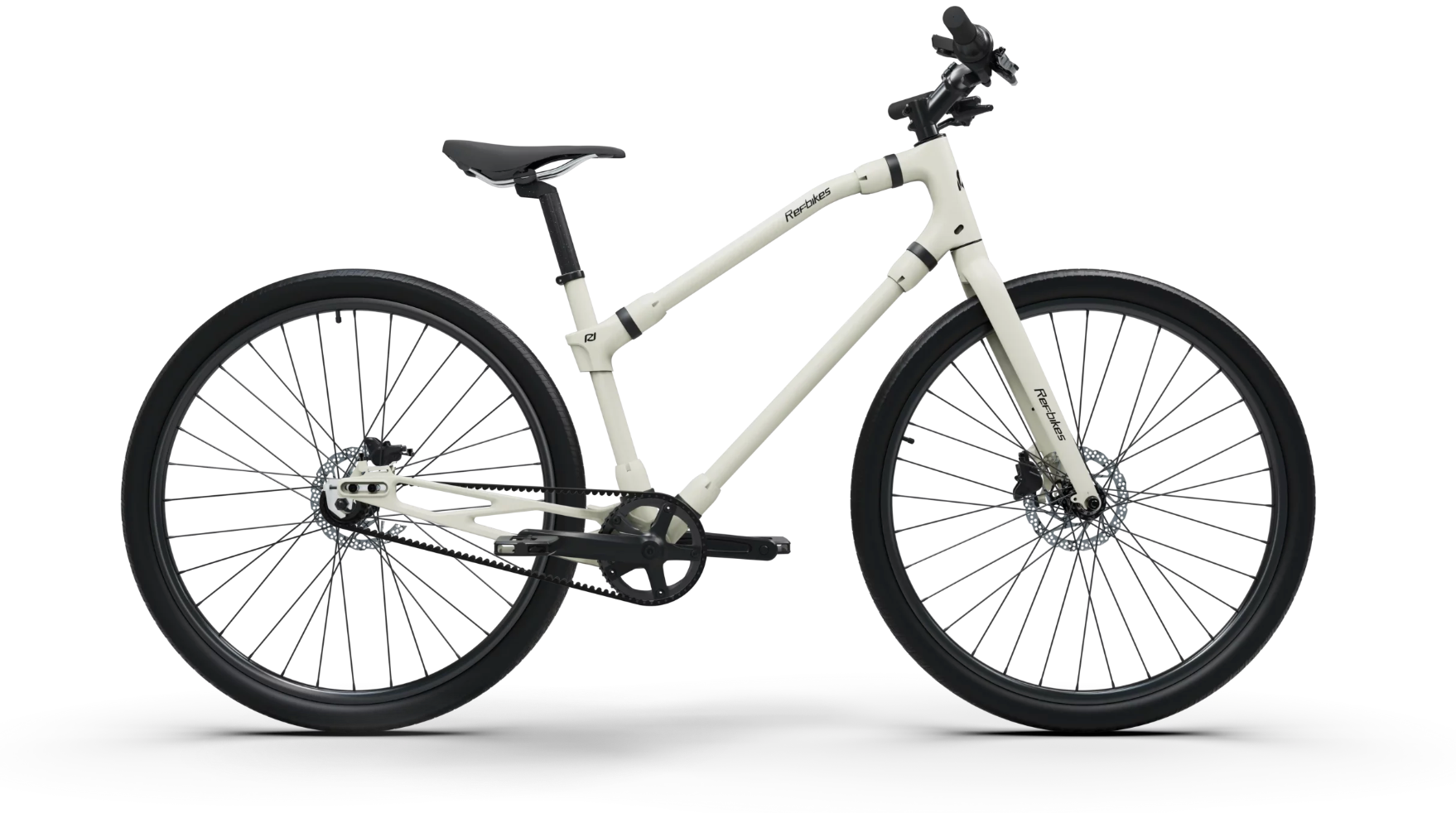 Elegant off-white Ref Essential bicycle, showcasing its minimalist frame and efficient assist system.
