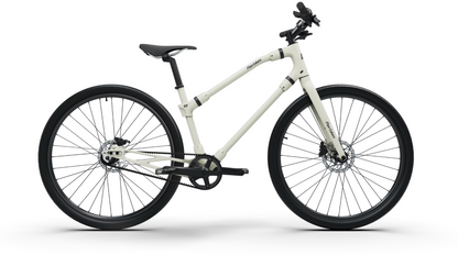 Elegant off-white Ref Essential bicycle, showcasing its minimalist frame and efficient assist system.