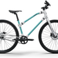 Two-tone aqua and white Ref Essential bike profile, highlighting its lightweight frame for easy travel.