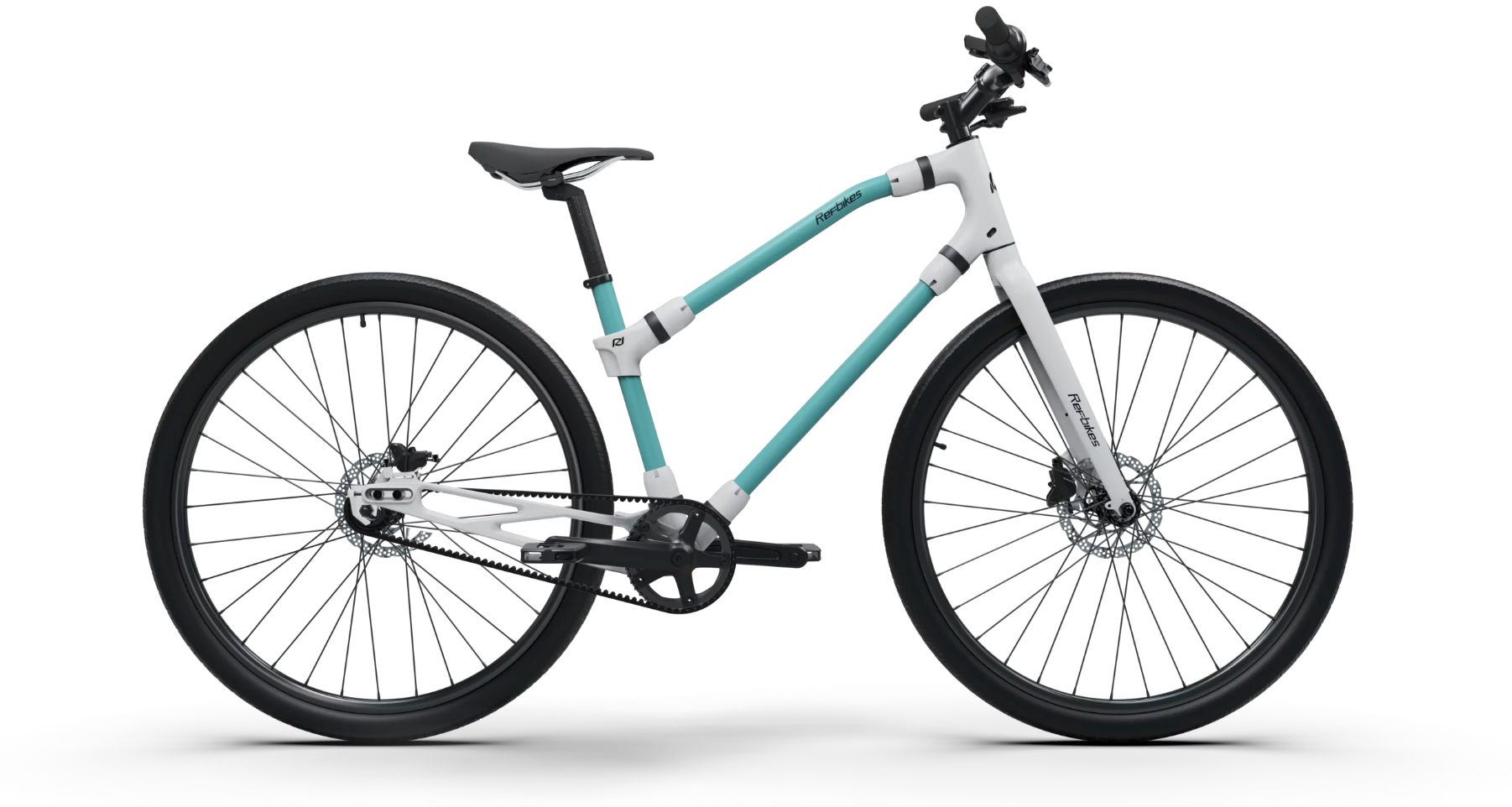 Two-tone aqua and white Ref Essential bike profile, highlighting its lightweight frame for easy travel.