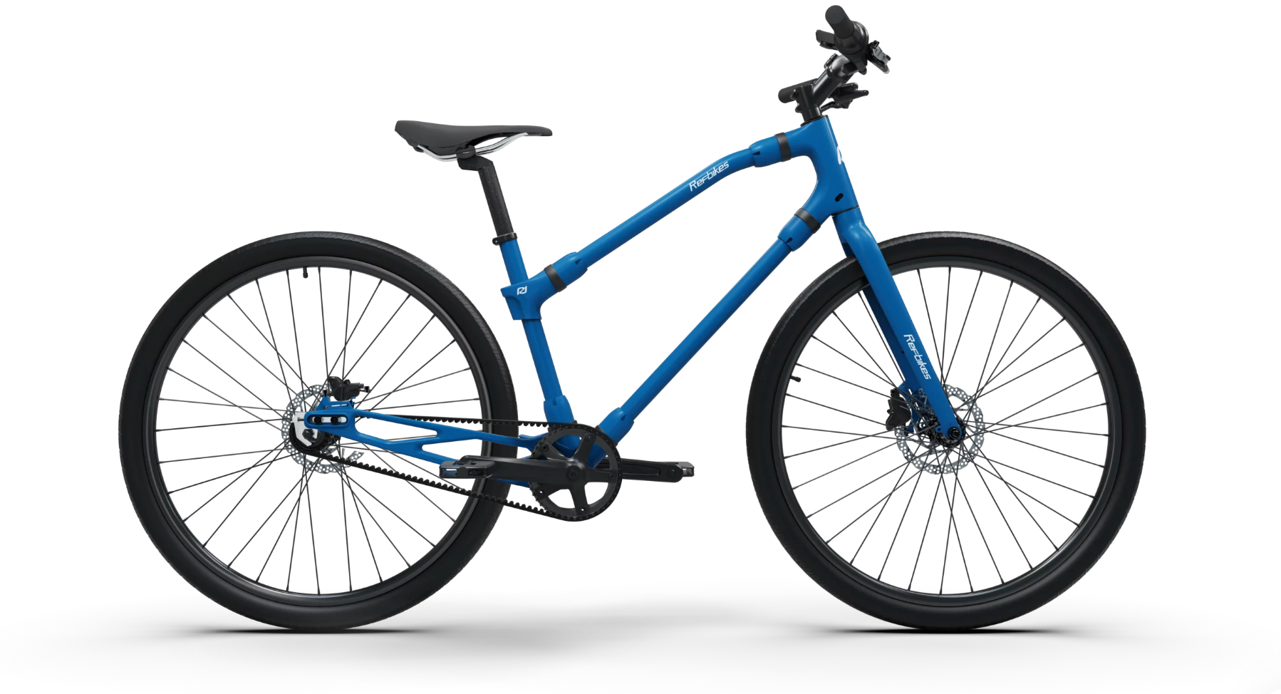 Bold blue Ref Essential bike side view, featuring a durable frame and efficient urban mobility.