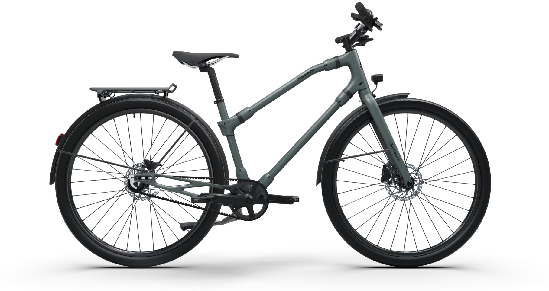 Ref Urban bike in muted sage green, featuring eco-friendly design and pedal assist.