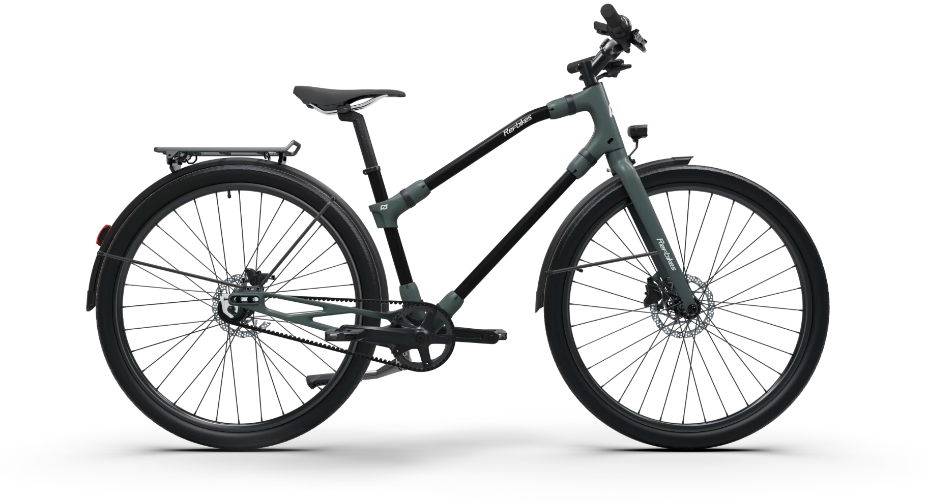 Sleek dark seafoam Ref Urban bicycle with a streamlined frame for city commuting.