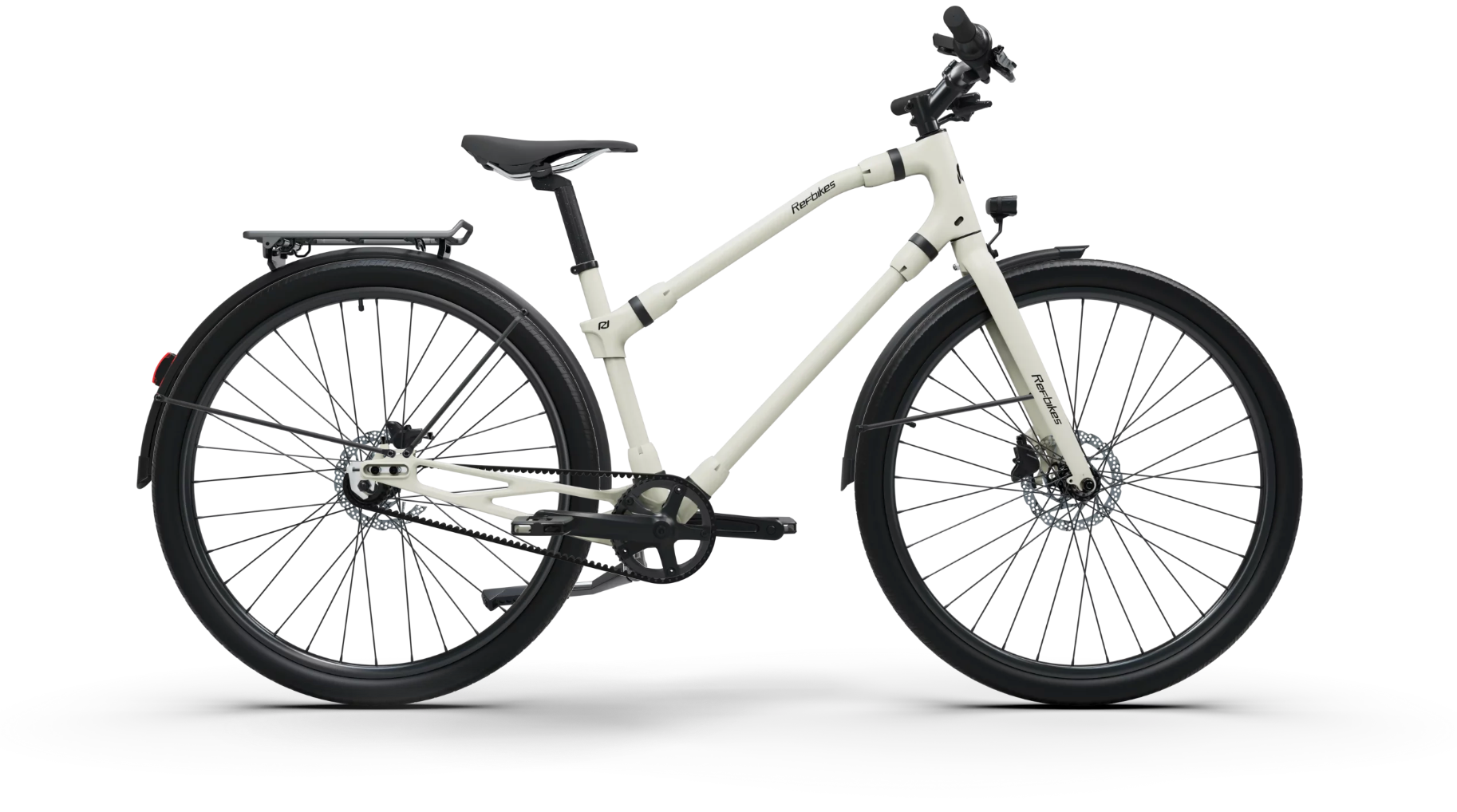 Elegant off-white Ref Urban bicycle, showcasing its minimalist frame and efficient assist system.