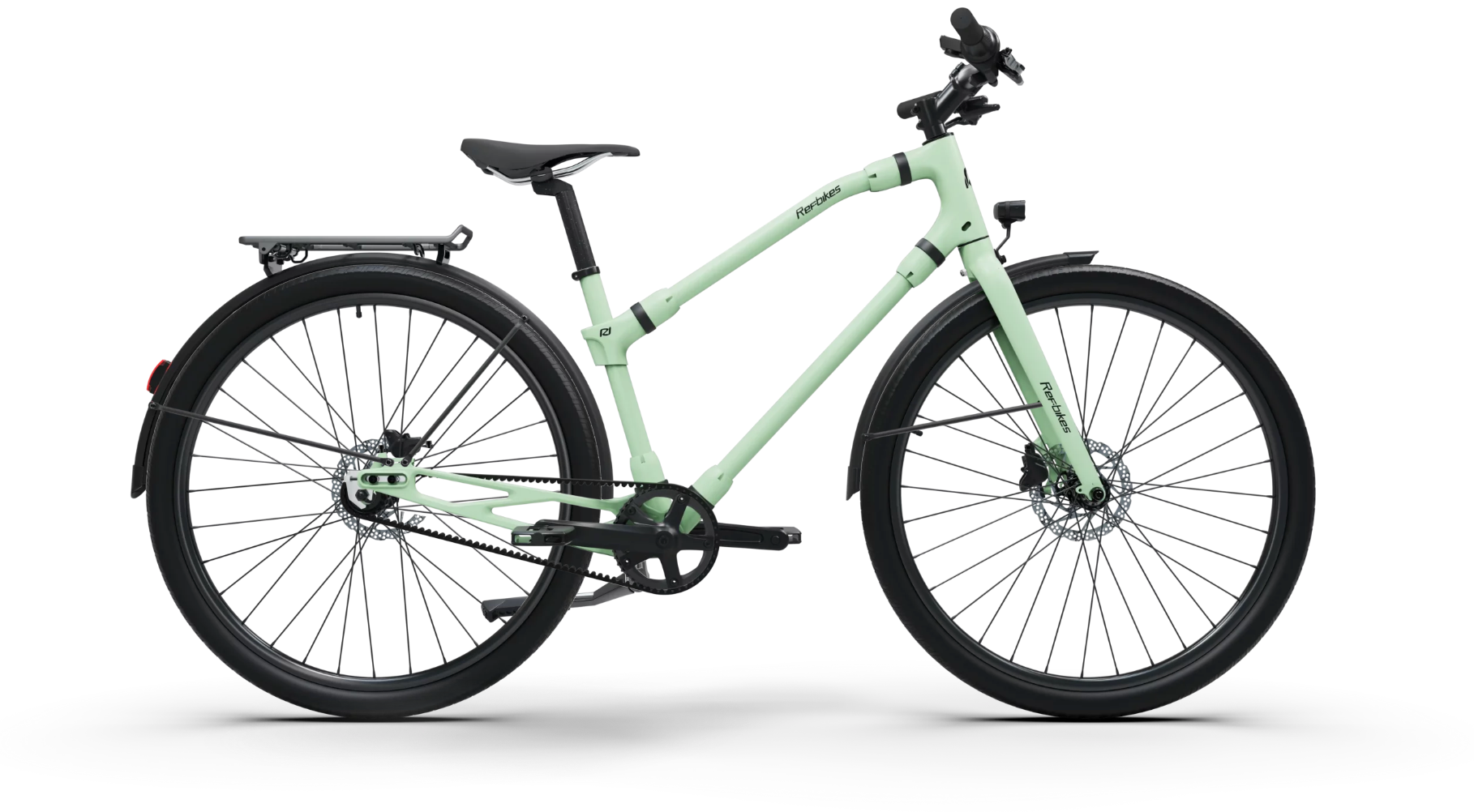 Mint green Ref Urban bike, combining modern aesthetics with sustainable transportation for an active lifestyle.