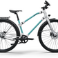 Two-tone aqua and white Ref Urban bike profile, highlighting its lightweight frame for easy urban travel.