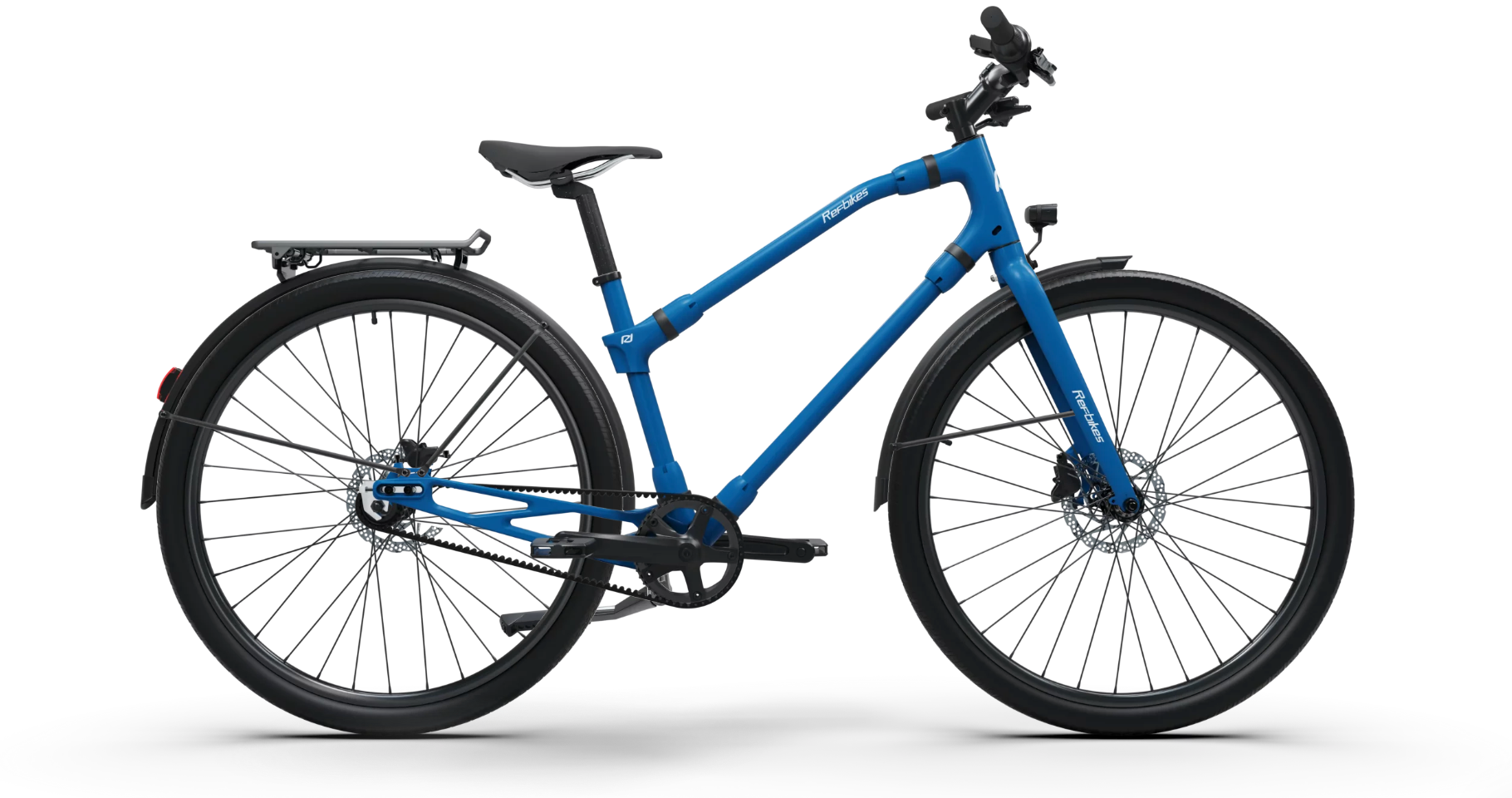 Bold blue Ref Urban bike side view, featuring a durable frame for efficient urban mobility.