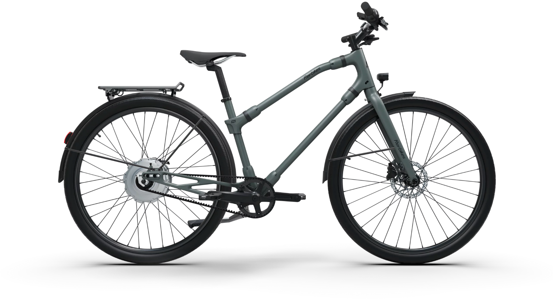 Ref Urban Boost bike in muted sage green, featuring eco-friendly design and electric pedal assist.