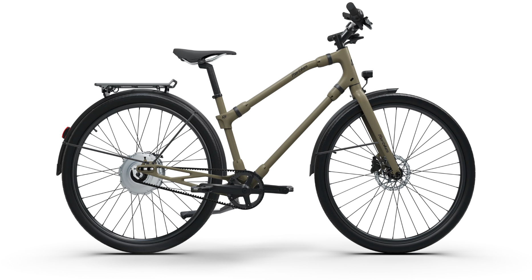 Ref Urban Boost bike in matte sand color with durable tires and modern electric motor design.