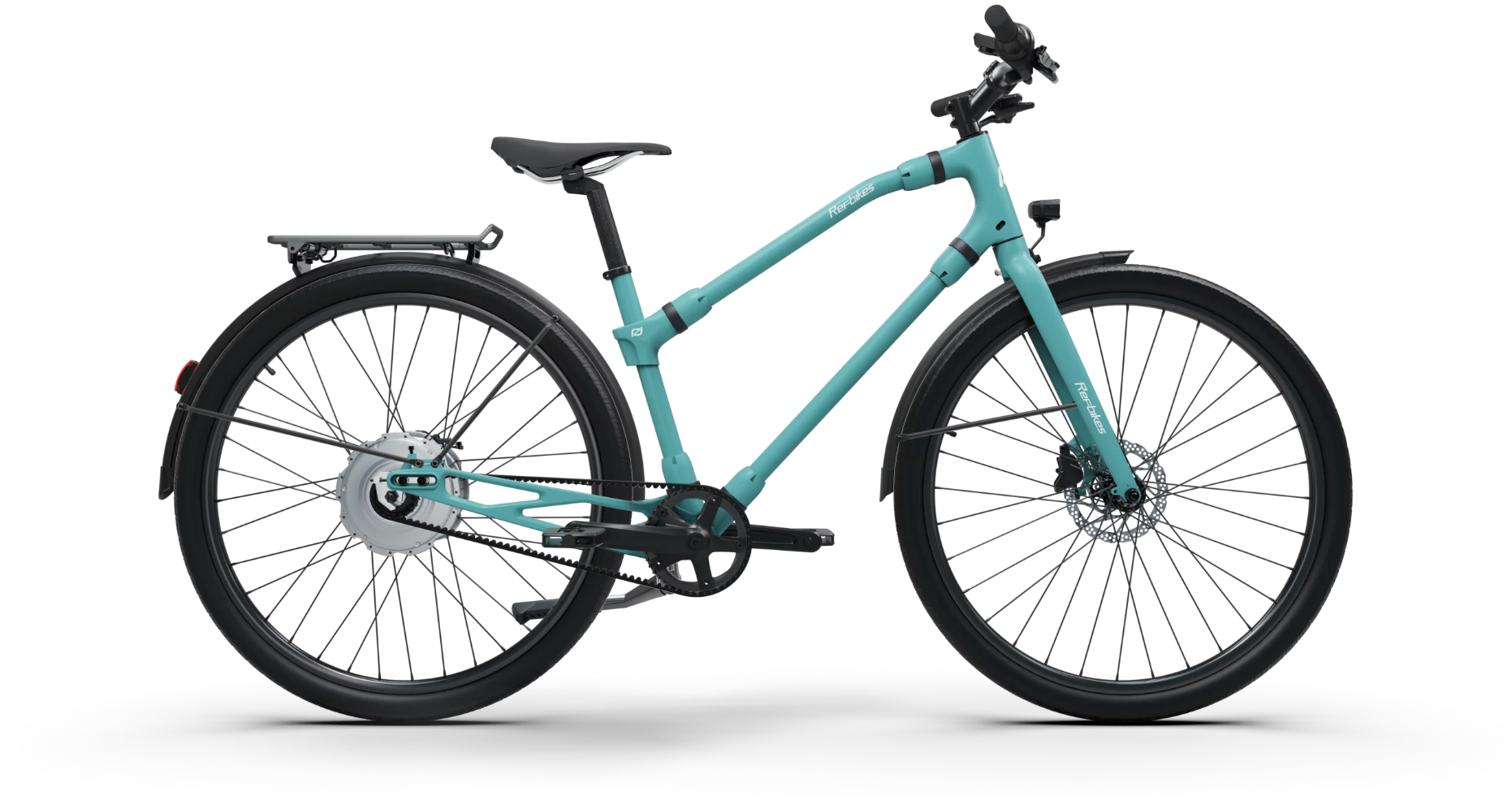 Bright blue Ref Urban Boost bike with a dynamic electric assist system for urban travel.