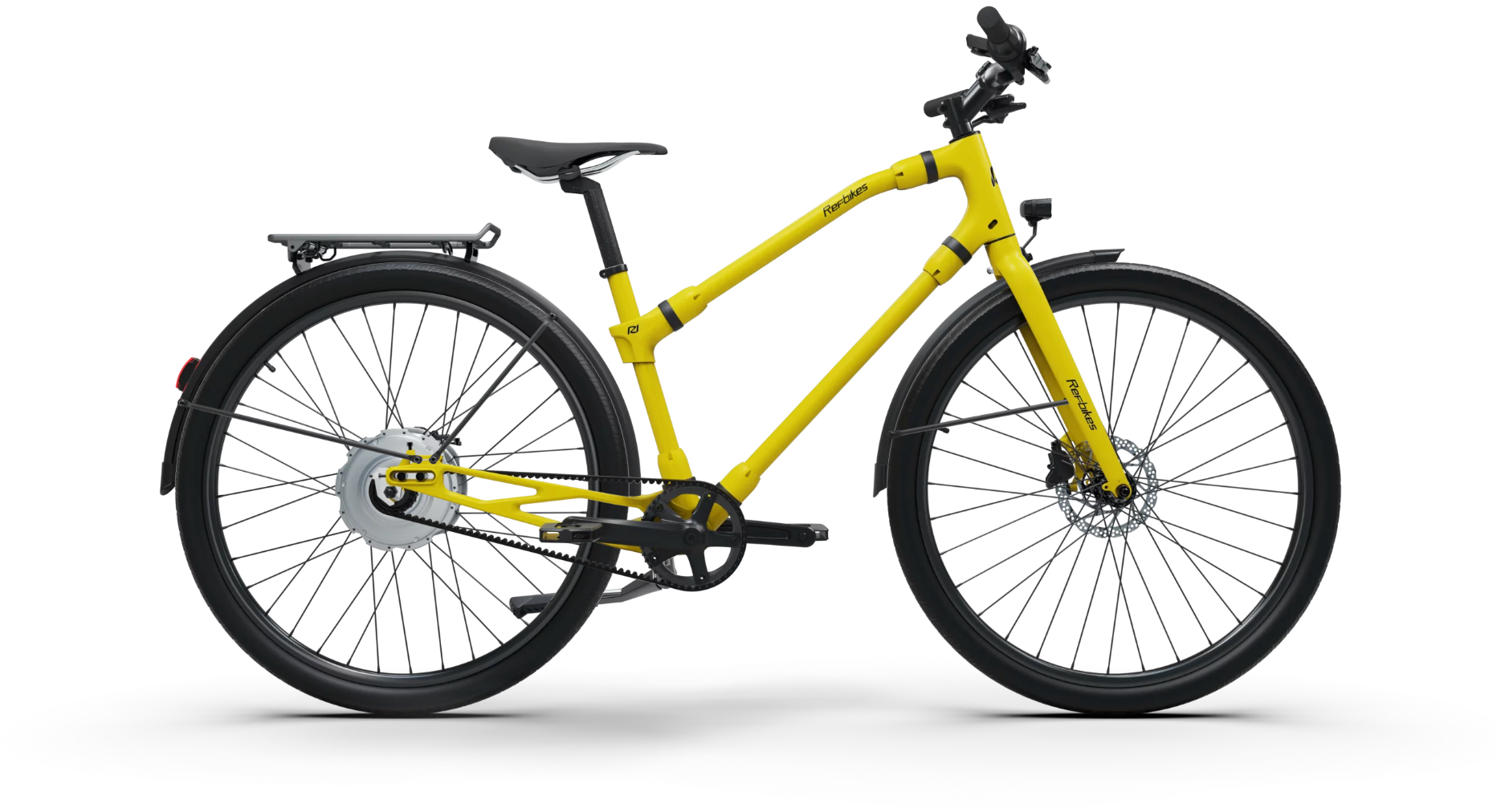 Ref Urban Boost electric bike in vivid yellow with sturdy black tires and sleek frame design.