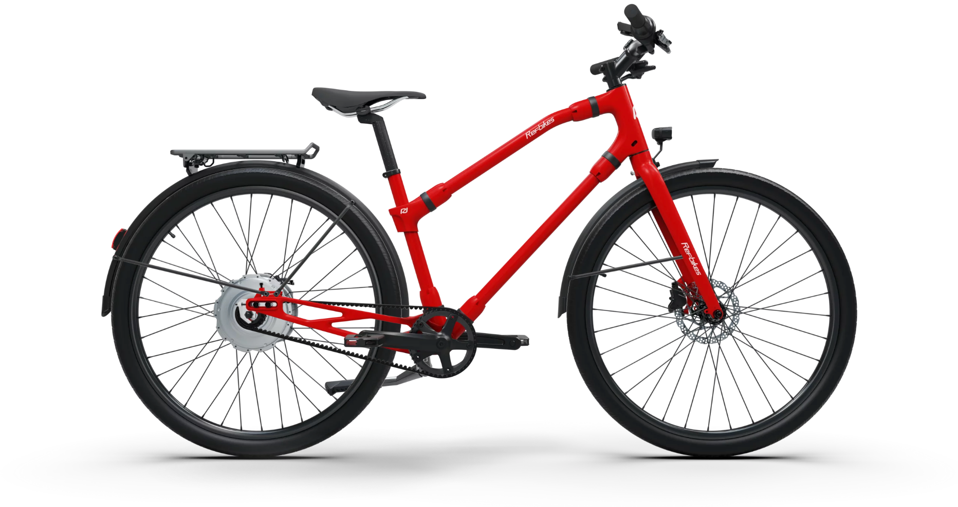 Red Urban Boost bicycle posed against a white backdrop, highlighting its vibrant color and stylish build.