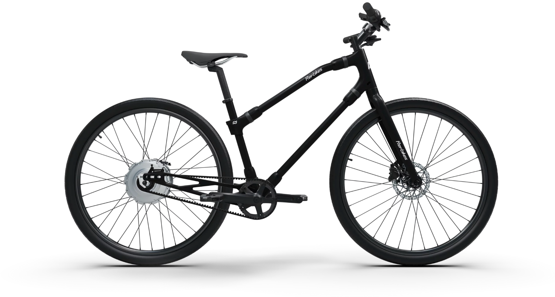 Sleek black Essential Boost bike displayed on a white background, highlighting its streamlined design.